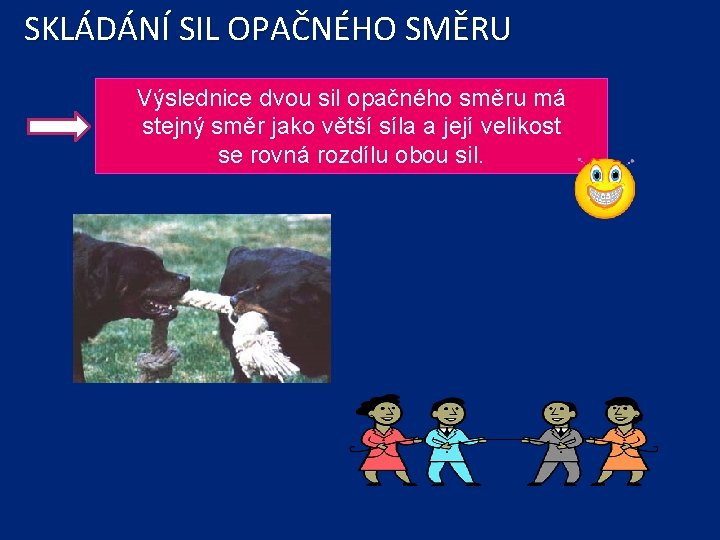 SKLÁDÁNÍ SIL OPAČNÉHO SMĚRU Výslednice dvou sil opačného směru má stejný směr jako větší