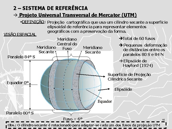 2 – SISTEMA DE REFERÊNCIA Projeto Universal Transversal de Mercator (UTM) • DEFINIÇÃO: Projeção