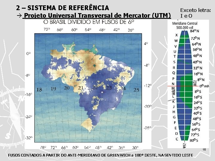 2 – SISTEMA DE REFERÊNCIA Projeto Universal Transversal de Mercator (UTM) Exceto letra: Ie.