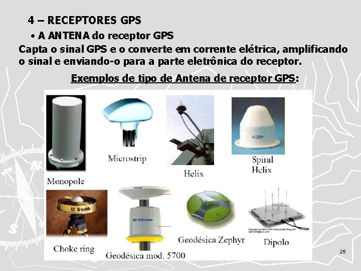 4 – RECEPTORES GPS • A ANTENA do receptor GPS Capta o sinal GPS