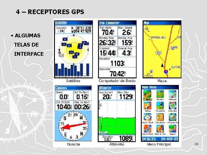 4 – RECEPTORES GPS • ALGUMAS TELAS DE INTERFACE 32 