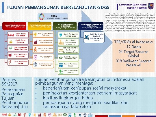 TUJUAN PEMBANGUNAN BERKELANJUTAN/SDGS TPB/SDGs di Indonesia: 17 Goals 94 Target/Sasaran Global 319 Indikator Sasaran