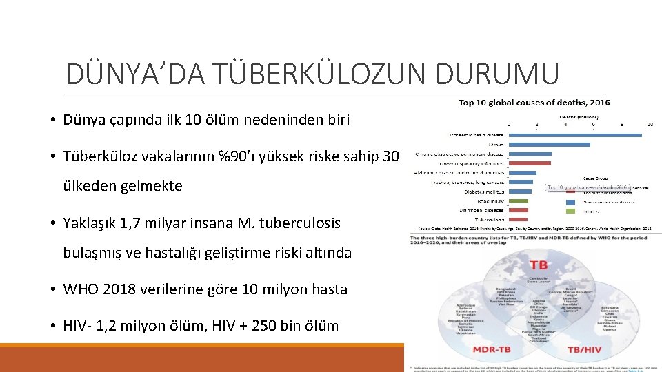 DÜNYA’DA TÜBERKÜLOZUN DURUMU • Dünya çapında ilk 10 ölüm nedeninden biri • Tüberküloz vakalarının