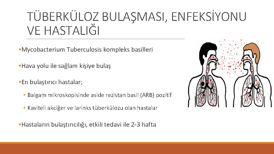 TÜBERKÜLOZ BULAŞMASI, ENFEKSİYONU VE HASTALIĞI • Mycobacterium Tuberculosis kompleks basilleri • Hava yolu ile