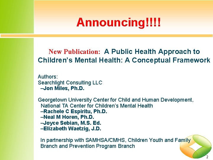 Announcing!!!! New Publication: A Public Health Approach to Children’s Mental Health: A Conceptual Framework