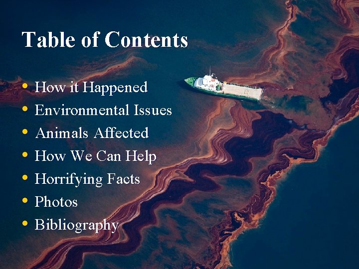 Table of Contents • • How it Happened Environmental Issues Animals Affected How We