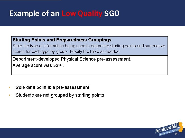 Example of an Low Quality SGO Starting Points and Preparedness Groupings State the type