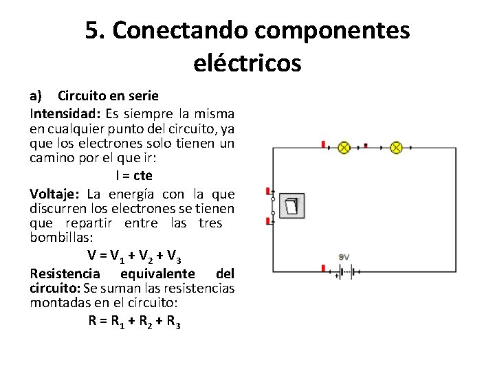 5. Conectando componentes eléctricos a) Circuito en serie Intensidad: Es siempre la misma en