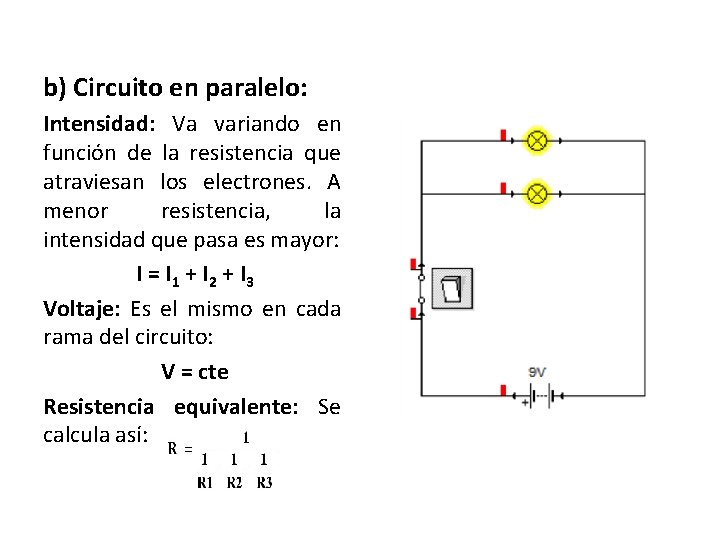 b) Circuito en paralelo: Intensidad: Va variando en función de la resistencia que atraviesan