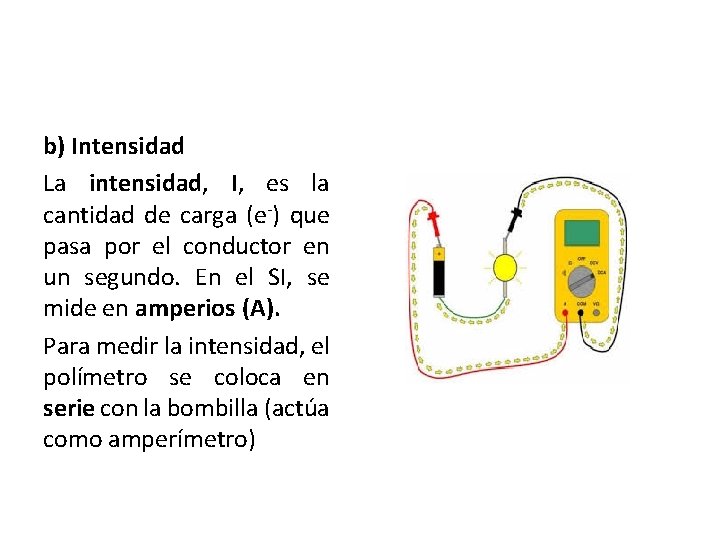 b) Intensidad La intensidad, I, es la cantidad de carga (e-) que pasa por