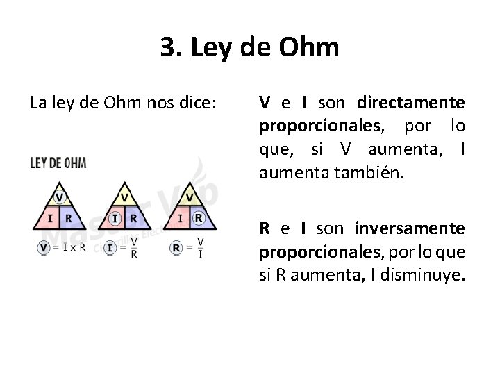 3. Ley de Ohm La ley de Ohm nos dice: V e I son