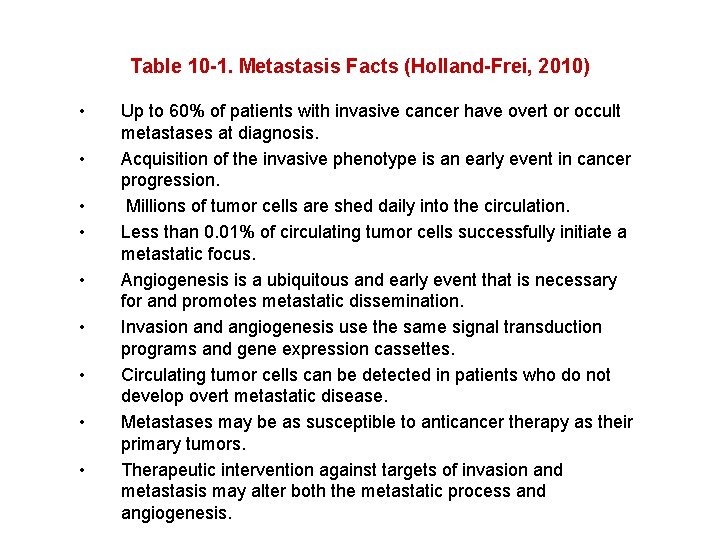 Table 10 -1. Metastasis Facts (Holland-Frei, 2010) • • • Up to 60% of