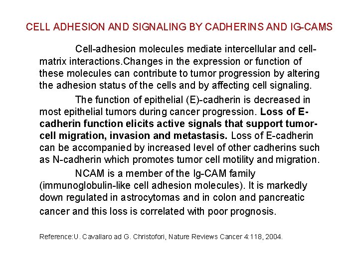 CELL ADHESION AND SIGNALING BY CADHERINS AND IG-CAMS Cell-adhesion molecules mediate intercellular and cellmatrix