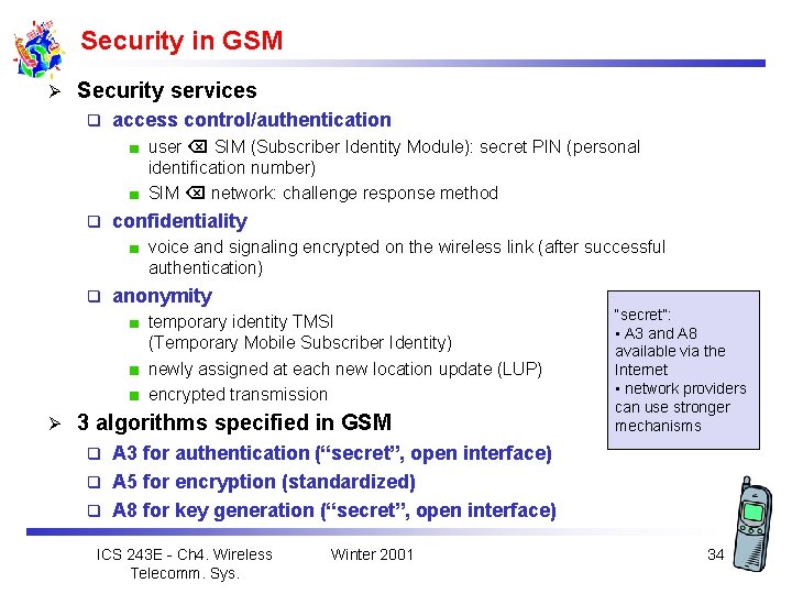 Security in GSM Ø Security services q access control/authentication user SIM (Subscriber Identity Module):