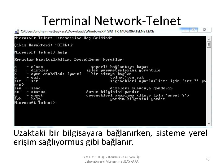 Terminal Network-Telnet Uzaktaki bir bilgisayara bağlanırken, sisteme yerel erişim sağlıyormuş gibi bağlanır. YMT 311