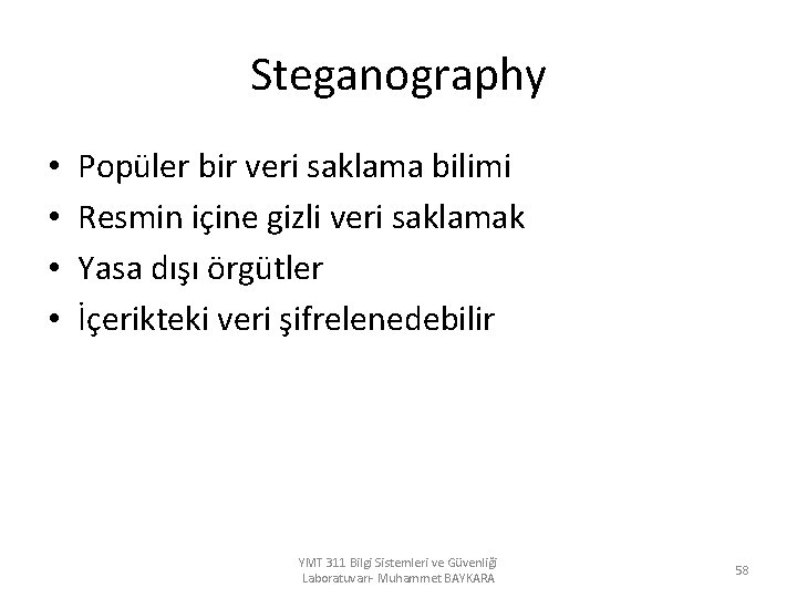 Steganography • • Popüler bir veri saklama bilimi Resmin içine gizli veri saklamak Yasa