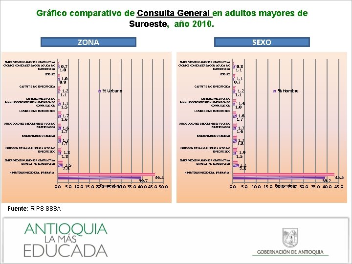 Gráfico comparativo de Consulta General en adultos mayores de Suroeste, año 2010. ZONA ENFERMEDAD