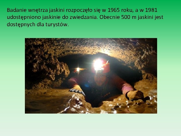 Badanie wnętrza jaskini rozpoczęło się w 1965 roku, a w 1981 udostępniono jaskinie do