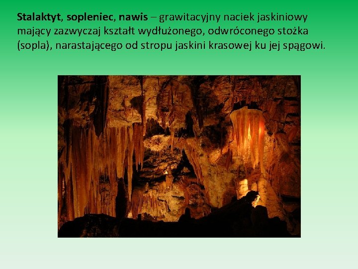 Stalaktyt, sopleniec, nawis – grawitacyjny naciek jaskiniowy mający zazwyczaj kształt wydłużonego, odwróconego stożka (sopla),