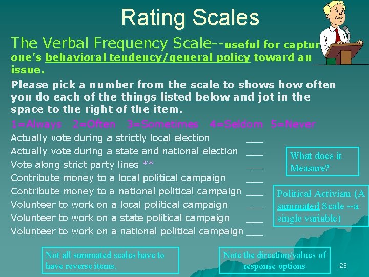 Rating Scales The Verbal Frequency Scale--useful for capturing one’s behavioral tendency/general policy toward an Rating Scales The Verbal Frequency Scale--useful for capturing one’s behavioral tendency/general policy toward an