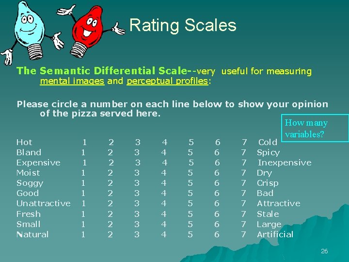 Rating Scales The Semantic Differential Scale--very useful for measuring mental images and perceptual profiles: Rating Scales The Semantic Differential Scale--very useful for measuring mental images and perceptual profiles: