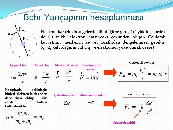 Bohr Yarıçapının hesaplanması v FM FC r Çizgisel hız Elektron kararlı yörüngelerde döndüğüne göre,