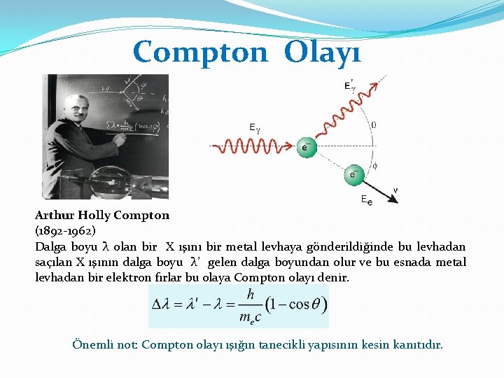 Compton Olayı Arthur Holly Compton (1892 -1962) Dalga boyu λ olan bir X ışını