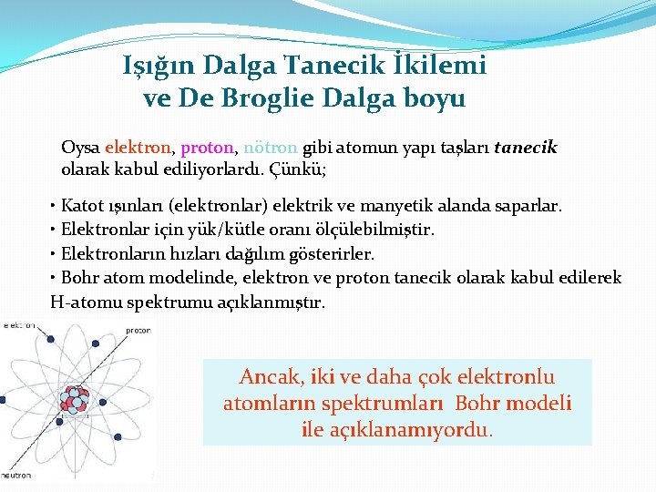 Işığın Dalga Tanecik İkilemi ve De Broglie Dalga boyu Oysa elektron, proton, nötron gibi