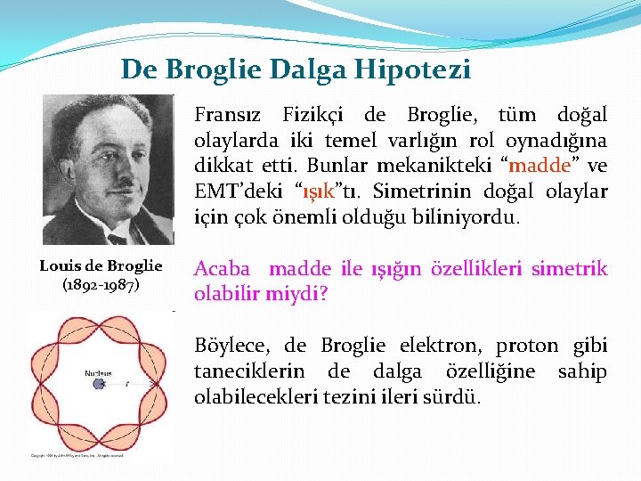 De Broglie Dalga Hipotezi Fransız Fizikçi de Broglie, tüm doğal olaylarda iki temel varlığın