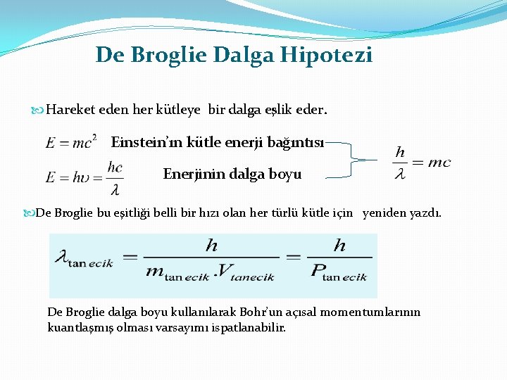 De Broglie Dalga Hipotezi Hareket eden her kütleye bir dalga eşlik eder. Einstein’ın kütle