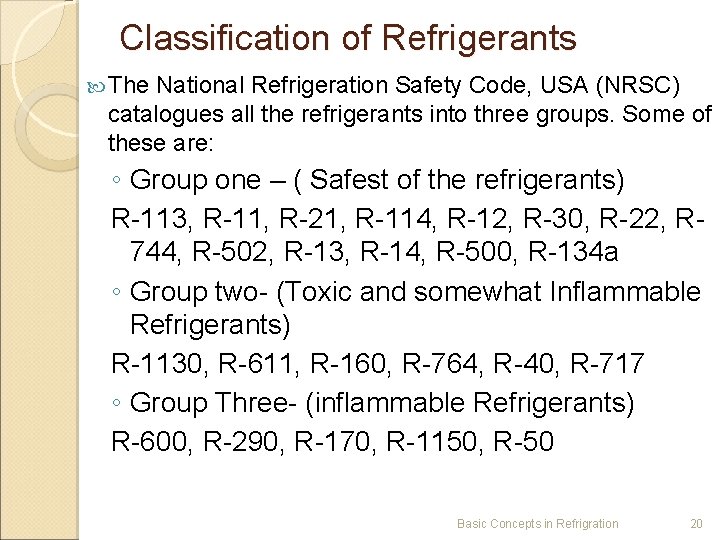 Classification of Refrigerants The National Refrigeration Safety Code, USA (NRSC) catalogues all the refrigerants