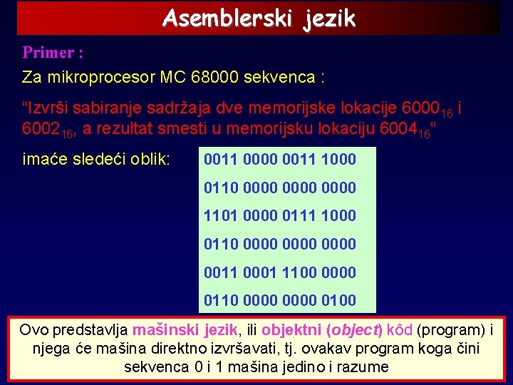 Asemblerski jezik Primer : Za mikroprocesor MC 68000 sekvenca : “Izvrši sabiranje sadržaja dve