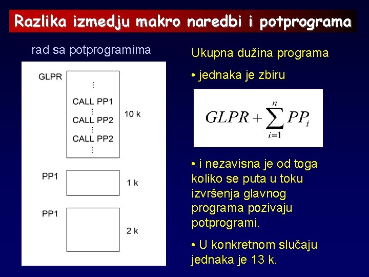 Razlika izmedju makro naredbi i potprograma rad sa potprogramima Ukupna dužina programa • jednaka
