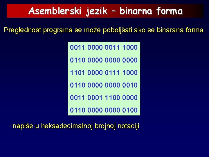 Asemblerski jezik – binarna forma Preglednost programa se može poboljšati ako se binarana forma