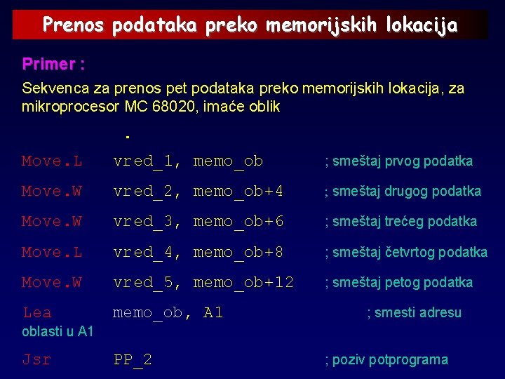 Prenos podataka preko memorijskih lokacija Primer : Sekvenca za prenos pet podataka preko memorijskih