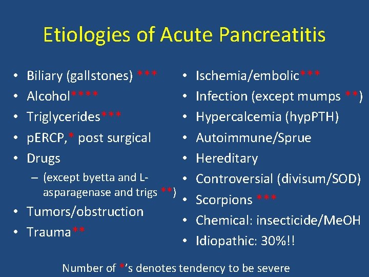 Etiologies of Acute Pancreatitis • • • Biliary (gallstones) *** Alcohol**** Triglycerides*** p. ERCP,