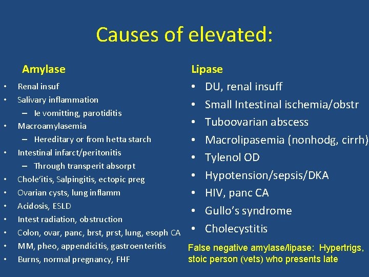 Causes of elevated: Amylase • • • Lipase • DU, renal insuff • Small