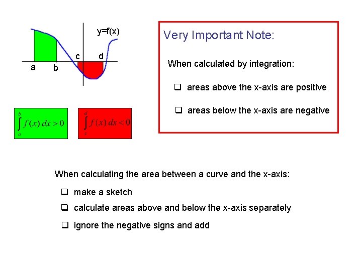 y=f(x) c a d b Very Important Note: When calculated by integration: q areas