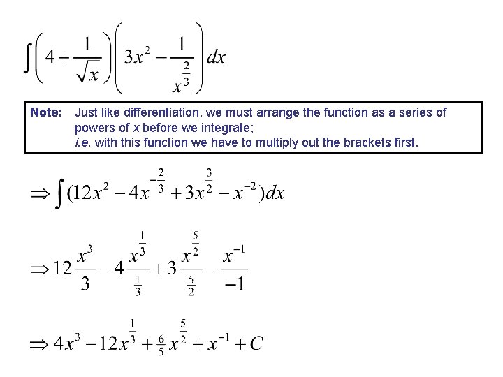 Note: Just like differentiation, we must arrange the function as a series of powers