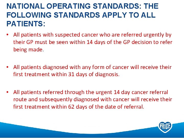 NATIONAL OPERATING STANDARDS: THE FOLLOWING STANDARDS APPLY TO ALL PATIENTS: • All patients with