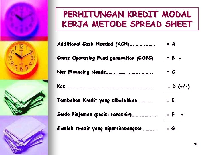 PERHITUNGAN KREDIT MODAL KERJA METODE SPREAD SHEET Additional Cash Needed (ACN)………… = A Gross