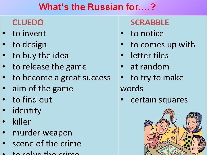 What’s the Russian for…. ? • • • CLUEDO to invent to design to