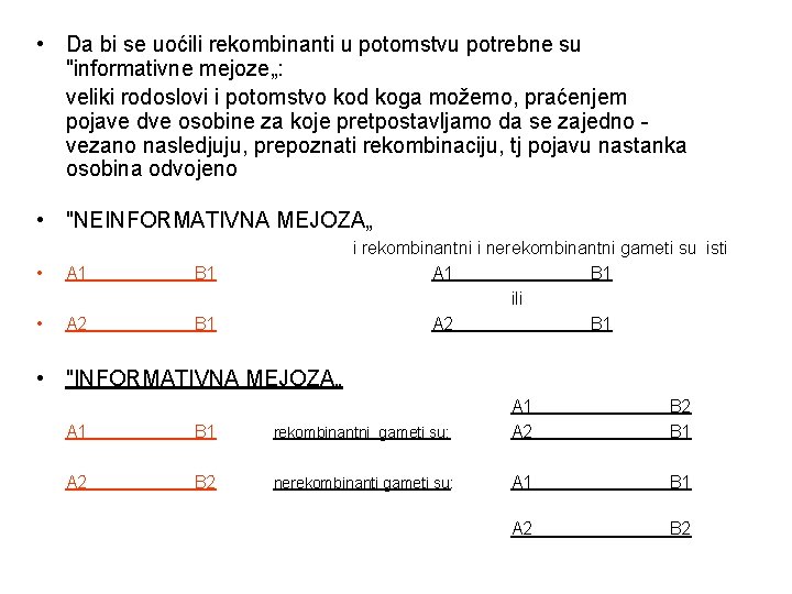  • Da bi se uoćili rekombinanti u potomstvu potrebne su "informativne mejoze„: veliki