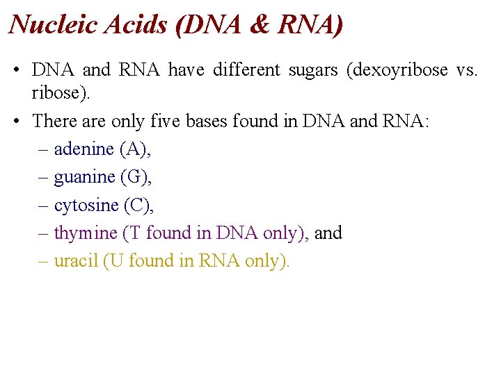 Nucleic Acids (DNA & RNA) • DNA and RNA have different sugars (dexoyribose vs.