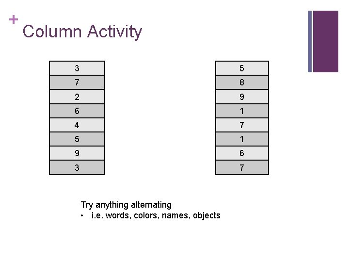 + Column Activity 3 5 7 8 2 9 6 1 4 7 5