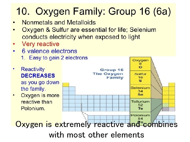 Oxygen is extremely reactive and combines with most other elements 
