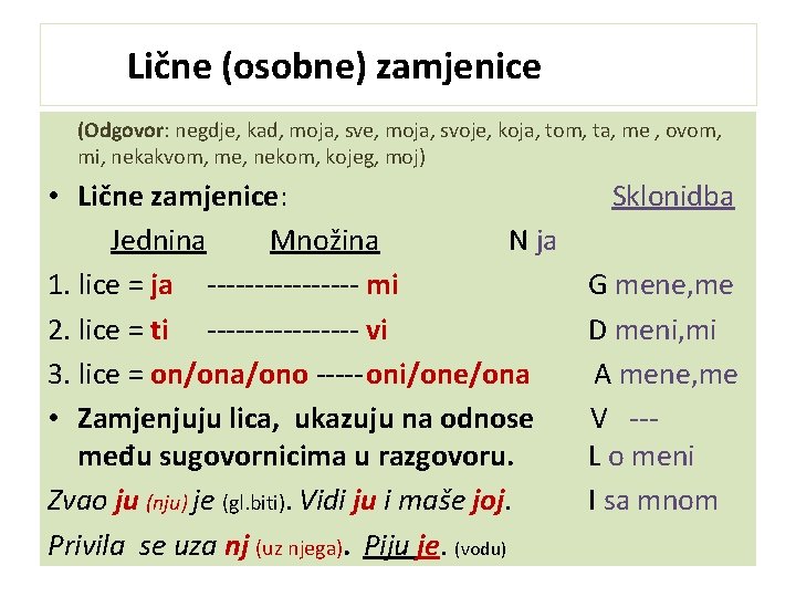 Lične (osobne) zamjenice (Odgovor: negdje, kad, moja, sve, moja, svoje, koja, tom, ta, me