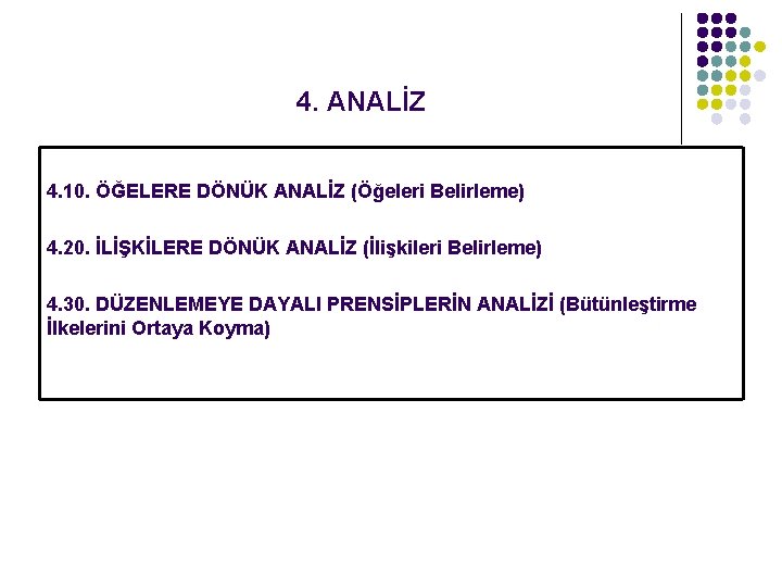 4. ANALİZ 4. 10. ÖĞELERE DÖNÜK ANALİZ (Öğeleri Belirleme) 4. 20. İLİŞKİLERE DÖNÜK ANALİZ