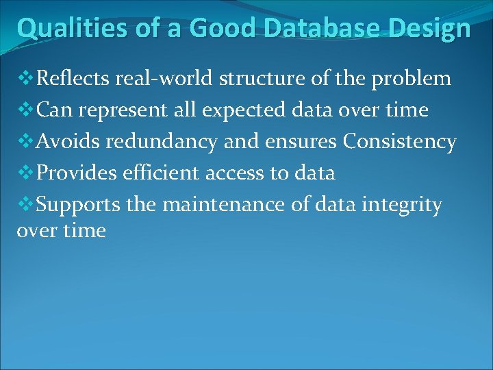 Qualities of a Good Database Design v. Reflects real-world structure of the problem v.