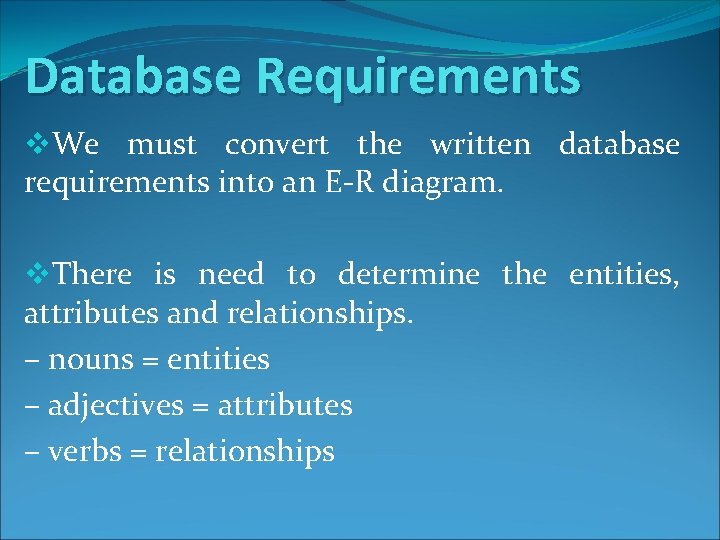 Database Requirements v. We must convert the written database requirements into an E-R diagram. Database Requirements v. We must convert the written database requirements into an E-R diagram.